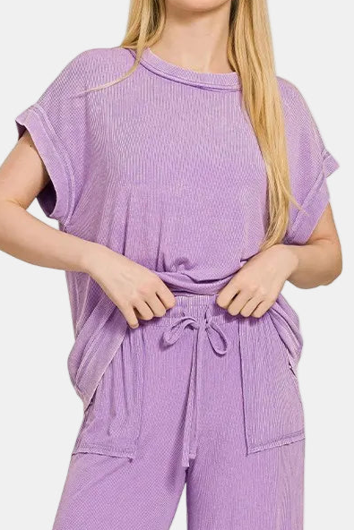 Ribbed Acid Wash Rayon Top & Pants Set / LAVENDER