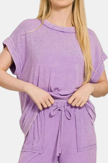 Ribbed Acid Wash Rayon Top & Pants Set / LAVENDER