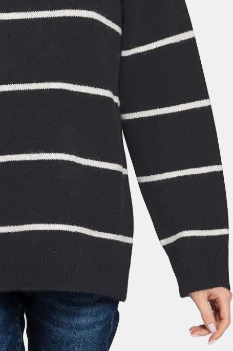 Round Neck Stripe Sweater / BLACK/IVORY