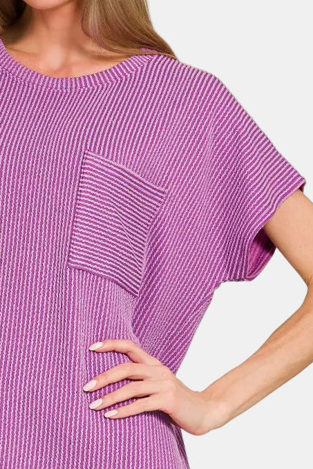 Raised Rib Front Pocket Boxy Top / LT PLUM