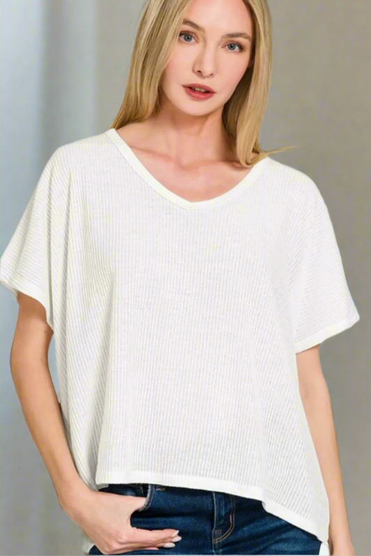 Ribbed V-Neck Short-Sleeve Sweater / OFF WHITE