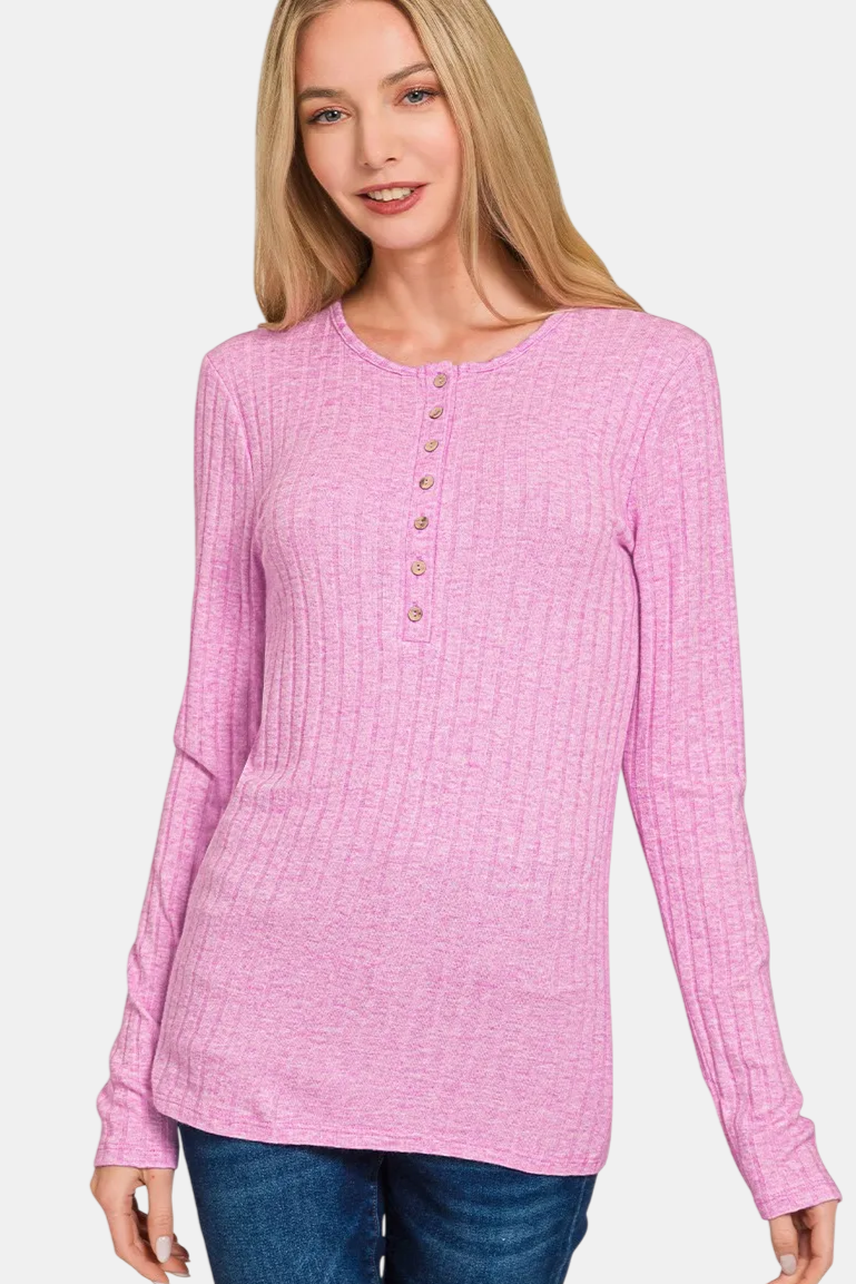 Ribbed Long Sleeve Button Down Top / MAUVE
