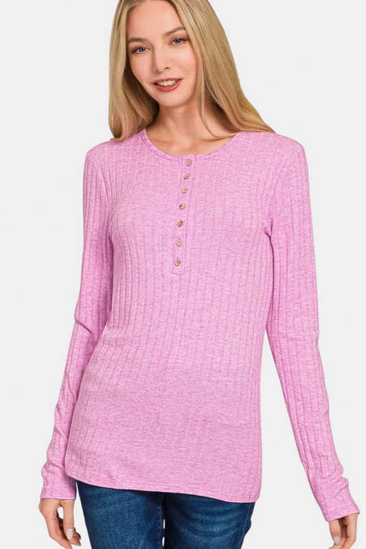 Ribbed Long Sleeve Button Down Top / MAUVE