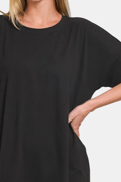 Brushed DTY Microfiber Round Neck Top and Biker Shorts Set / BLACK