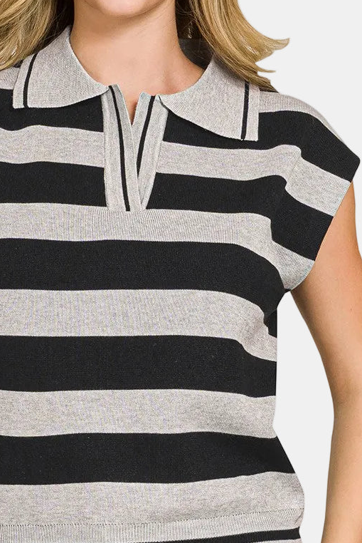 Viscose Striped Collared Sweater / BLACK/H GREY
