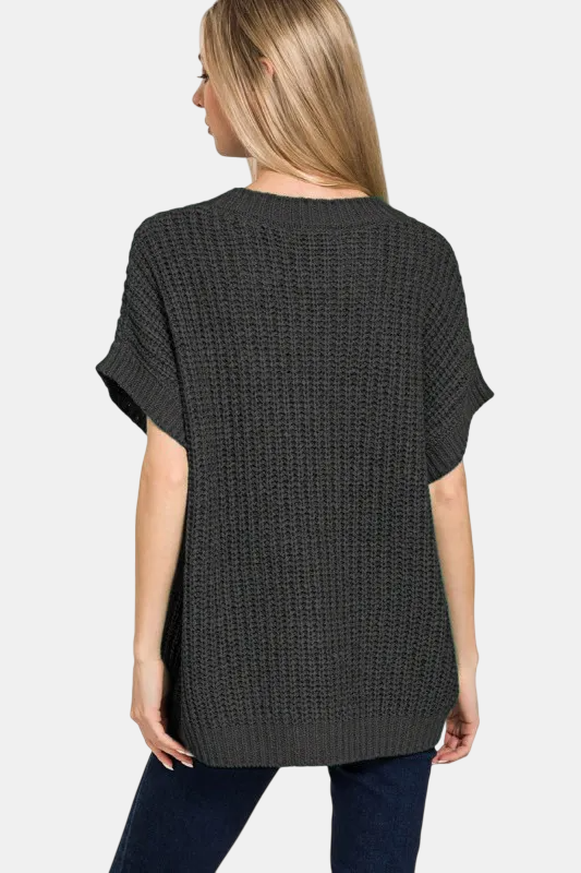 Short Sleeve Round Neck Sweater / BLACK