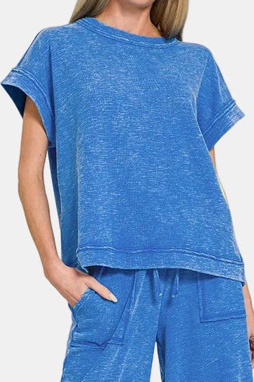 Washed Slub Short Sleeve Tee & Long Pants Set / OCEAN BLUE