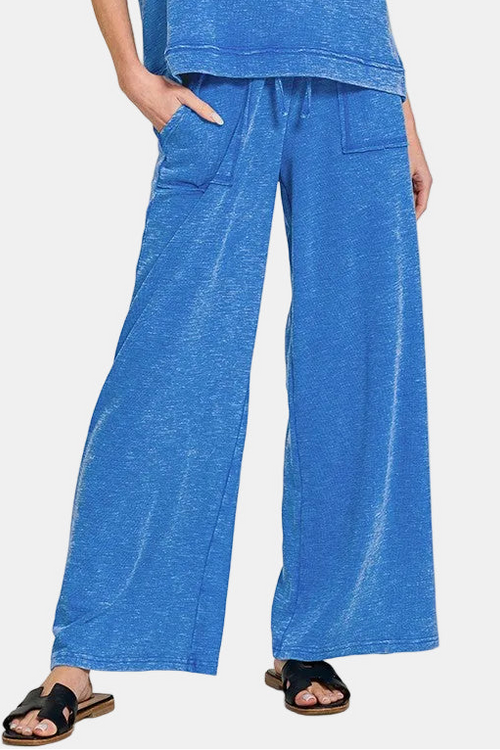 Washed Slub Short Sleeve Tee & Long Pants Set / OCEAN BLUE