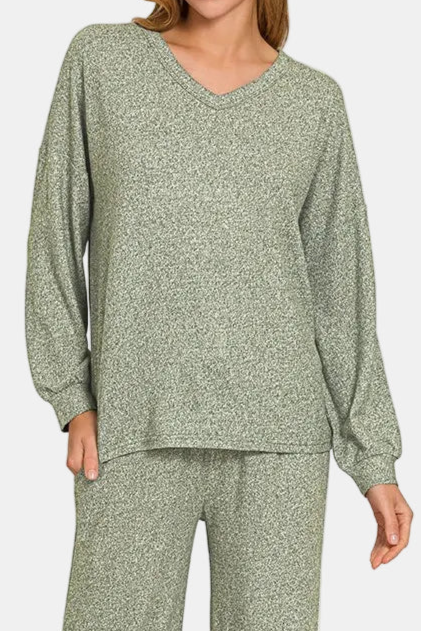 Soft Melange Long Sleeve Tee & Pants Set / DK OLIVE