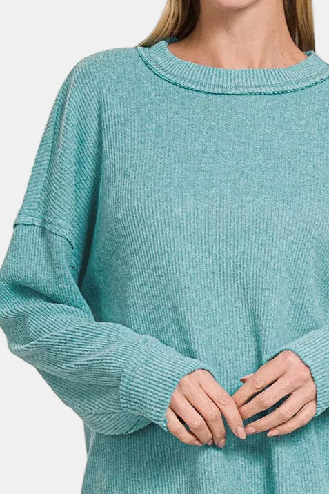 Brushed Ribbed Hacci Exposed Seam Drop Shoulder Sweater / DUSTY TEAL
