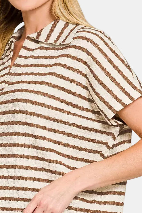 Striped Split Neck Collared Top / BROWN