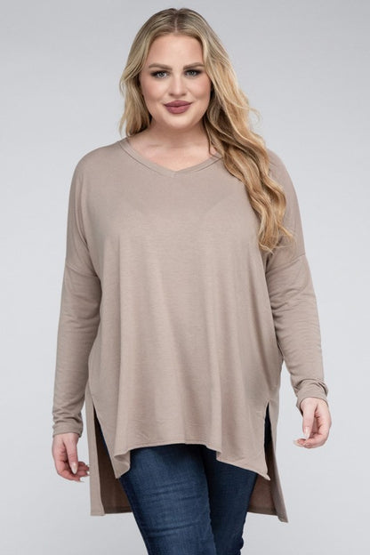 Plus Dolman Sleeve V-Neck Side Slit Hi-Low Hem Top