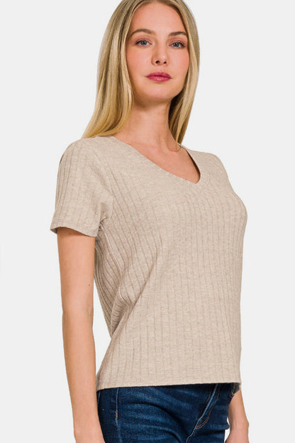 Ribbed Short Sleeve V Neck Top