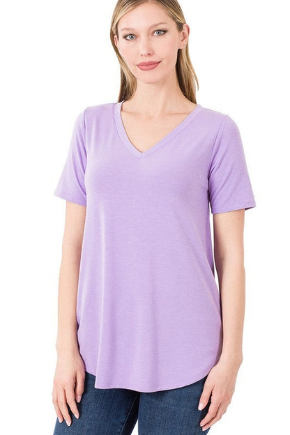 Short Sleeve V-Neck Round Hem Top