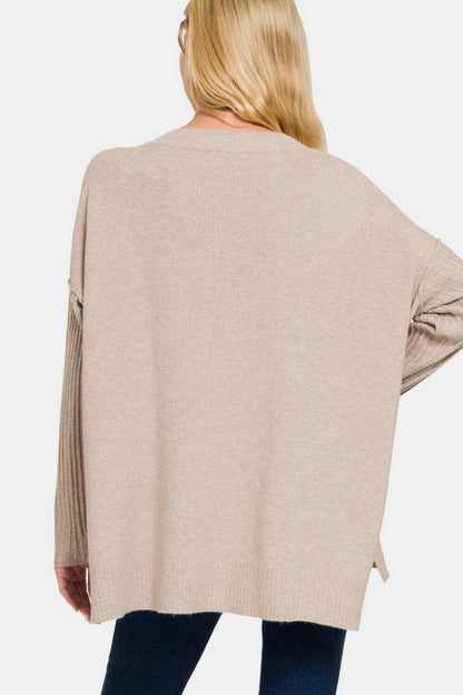 Viscose Ribbed Hem & Sleeve V-Neck Sweater