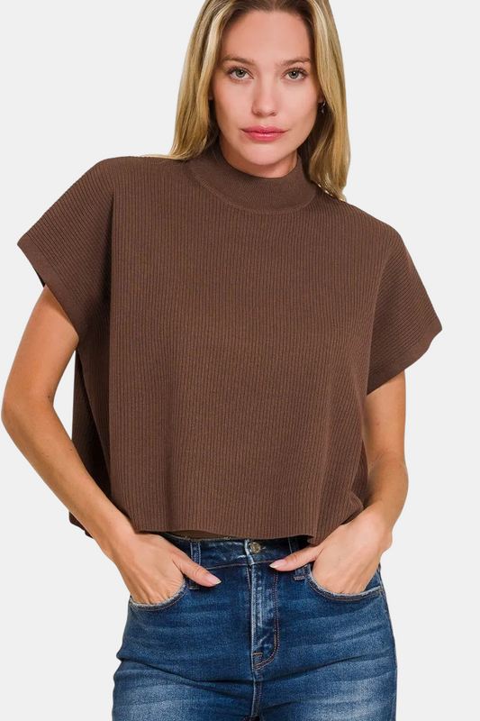 Viscose Mock Neck Short Sleeve Boxy Sweater / BROWN