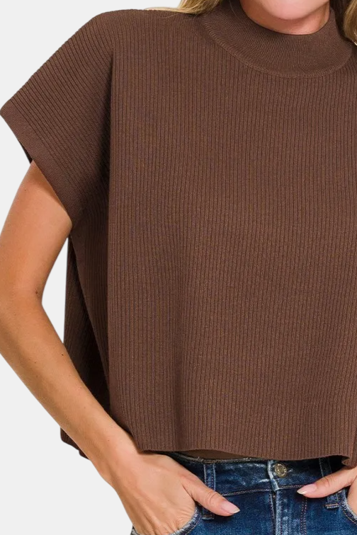 Viscose Mock Neck Short Sleeve Boxy Sweater / BROWN