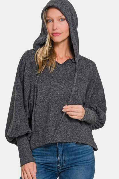 Soft Brushed Hacci Cropped Balloon Sleeve Hoodie