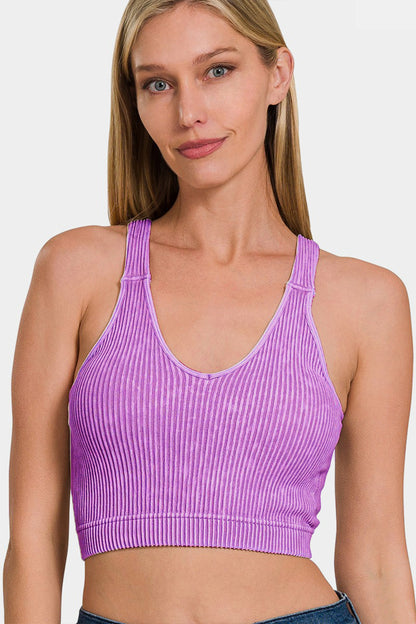 Washed Ribbed Cropped Bra Padded Tank Top