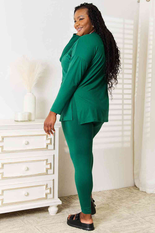 Brushed DTY Microfiber Loungewear Set (V-Neck Long Sleeve) / DK GREEN