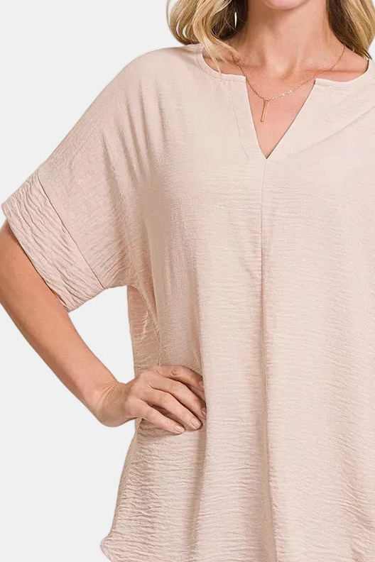 Woven Airflow Split Neck Short Sleeve Top / SAND BEIGE