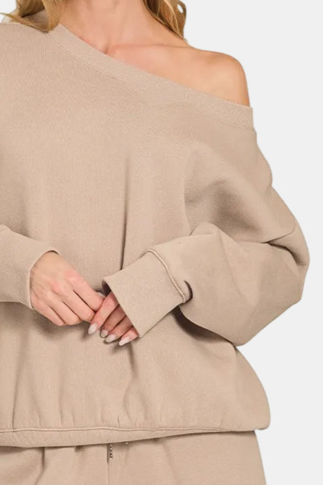 Fleece Boat Neck Sweatshirt & Shorts Set / ASH MOCHA