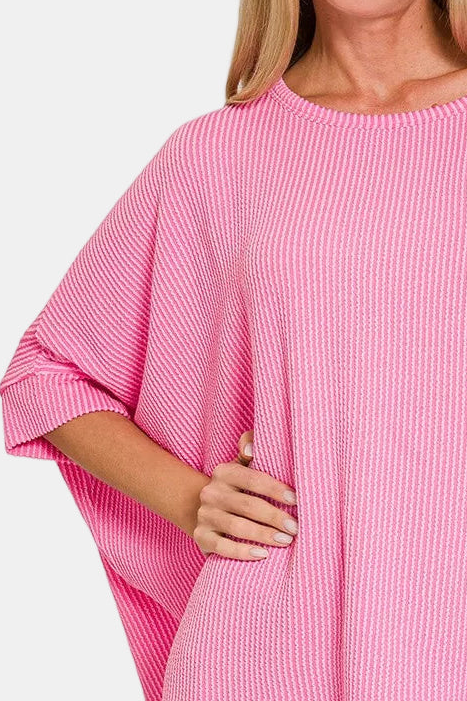 Raised Rib Bat Sleeve Top / CANDY PINK