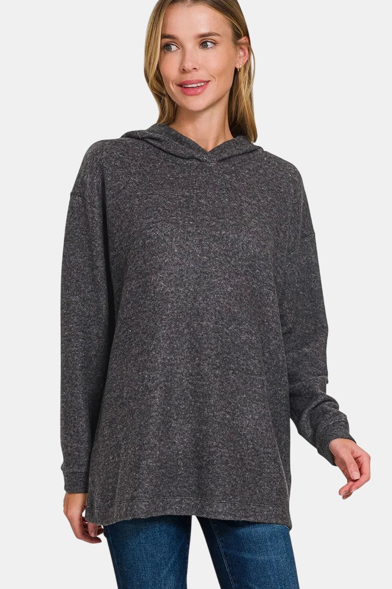 Hooded Brushed Melange Hacci Sweater / BLACK