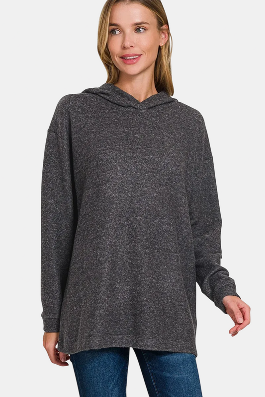 Hooded Brushed Melange Hacci Sweater / BLACK