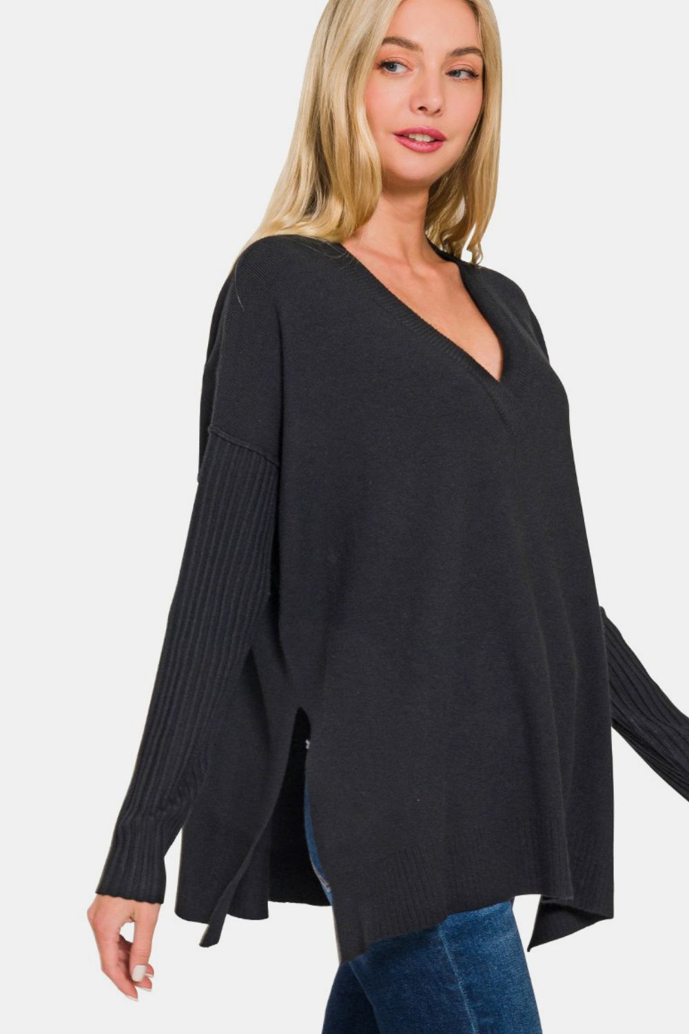 Viscose Ribbed Hem & Sleeve V-Neck Sweater