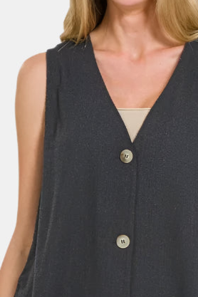 Linen 3 Button Vest / BLACK