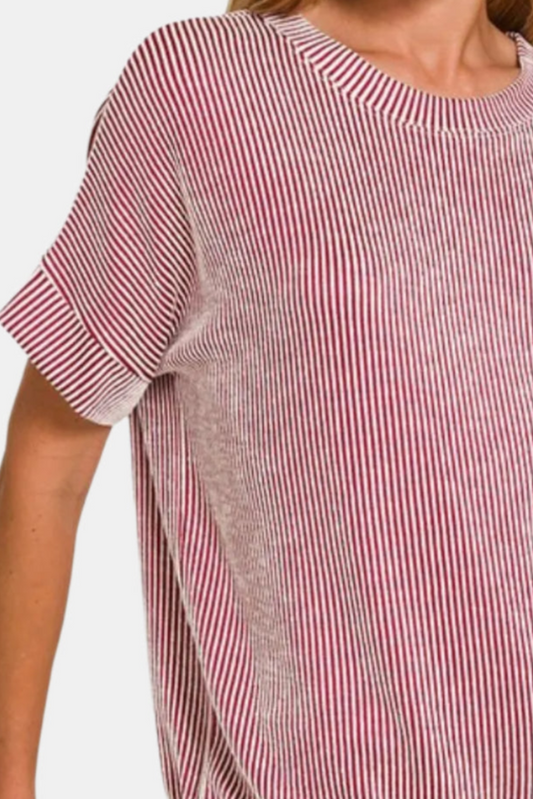 Corded Rib Short Sleeve Top / DK RED