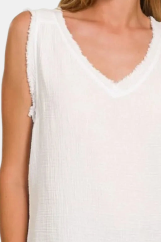 Double Gauze Raw Edge V-Neck Tank / WHITE