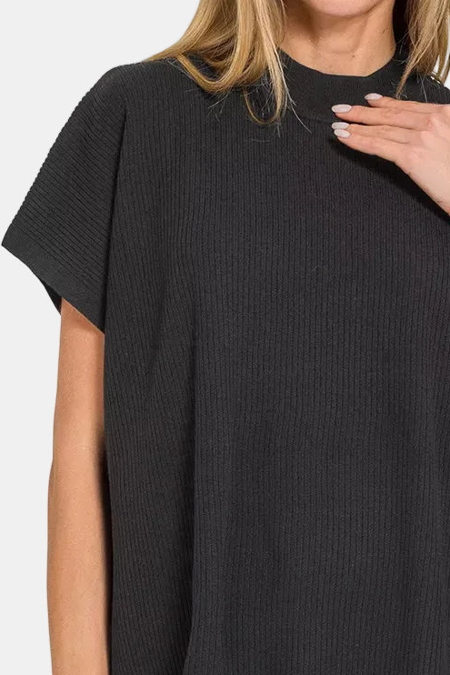 Viscose Mock Neck Short Sleeve Boxy Sweater / BLACK