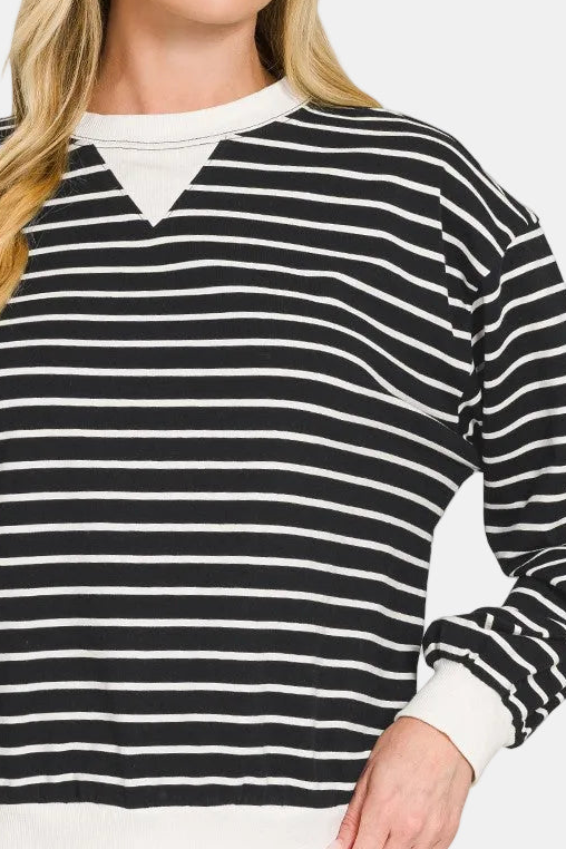 Striped Rib Banded Pullover / BLACK