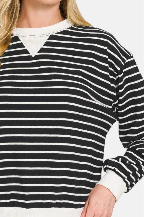 Striped Rib Banded Pullover / BLACK