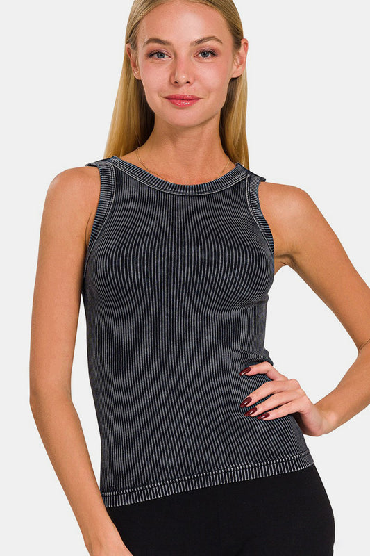 2 Way Neckline Washed Ribbed Cropped Tank Top