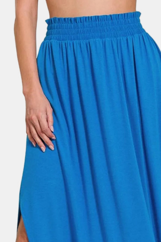 Smocked Waist Side Slit Maxi Skirt With Pockets / OCEAN BLUE
