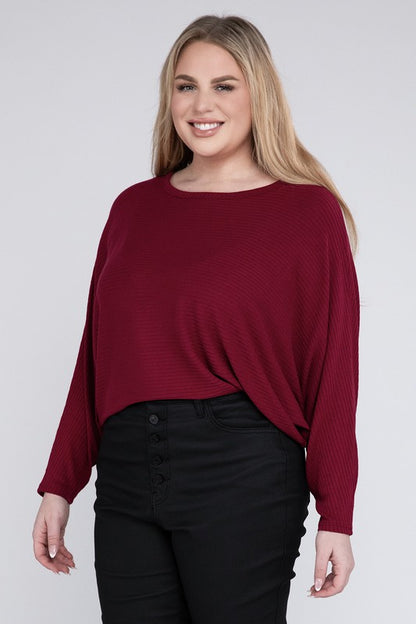 Plus Ribbed Batwing Long Sleeve Boat Neck Sweater