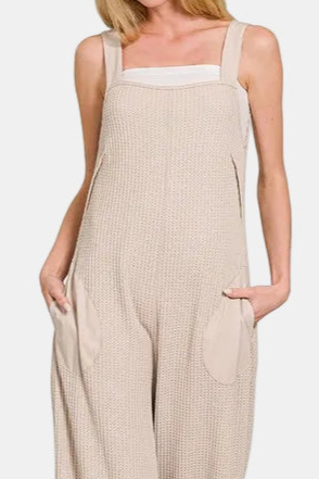 Knit Waffle Wide Leg Overalls / LT MOCHA