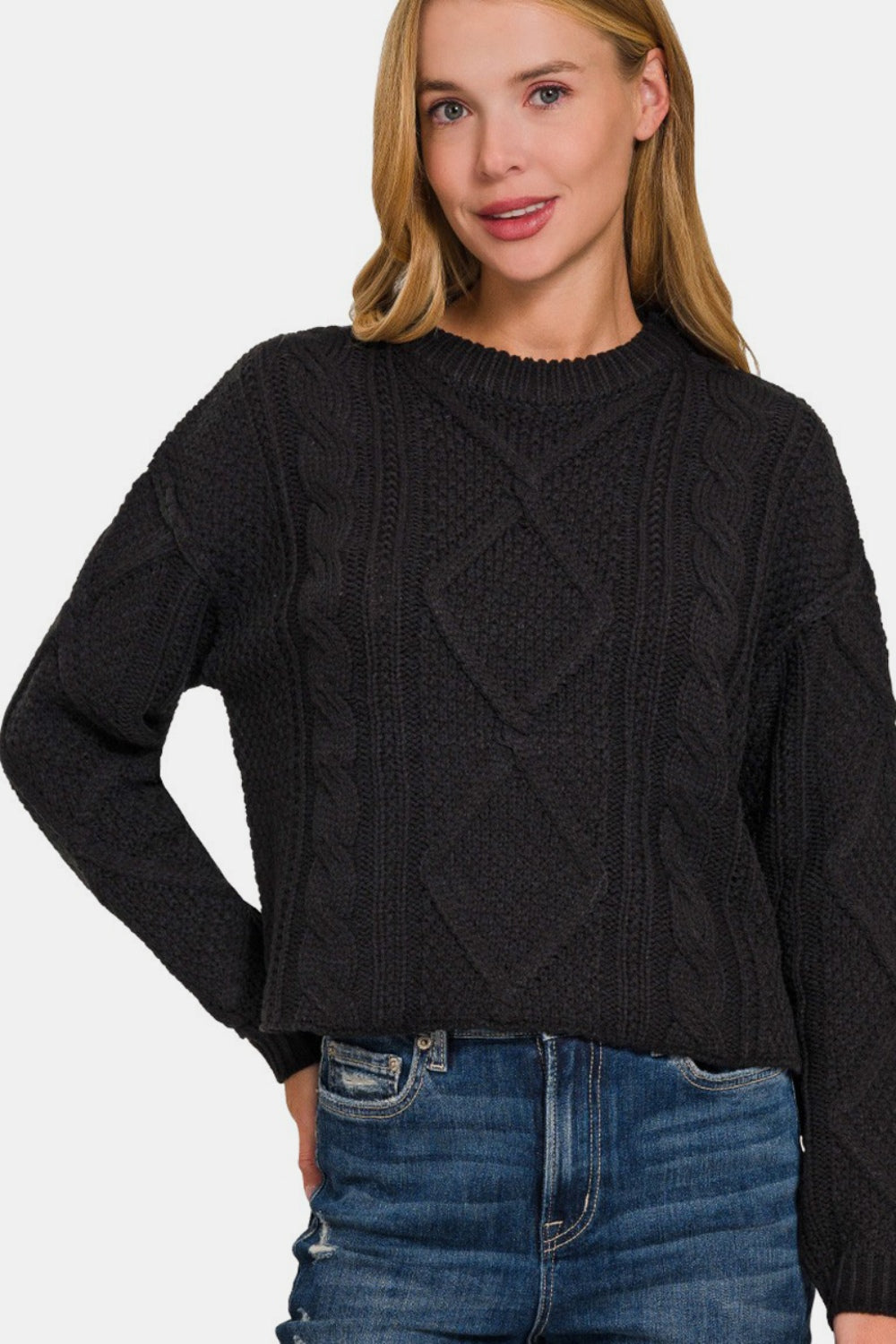 Cropped High Low Cable Sweater With Side Slits