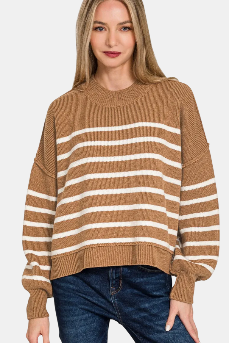 Exposed Seam Striped Oversized Sweater / DEEP CAMEL