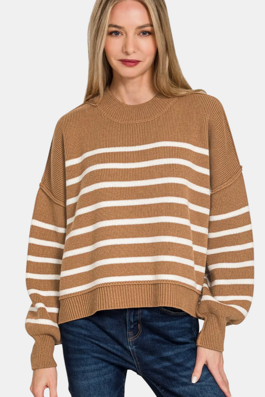 Exposed Seam Striped Oversized Sweater / DEEP CAMEL