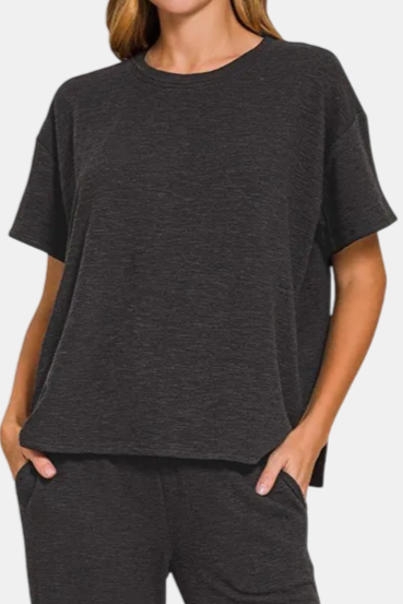 Slub Short Sleeve Top & Pants Set / BLACK