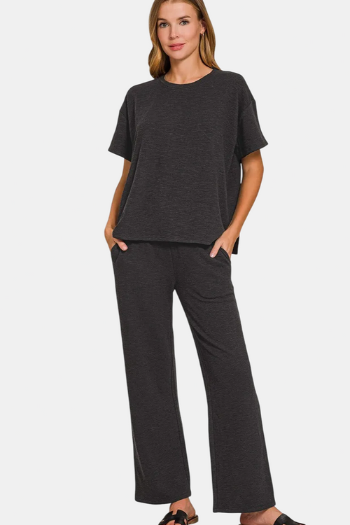 Slub Short Sleeve Top & Pants Set / BLACK