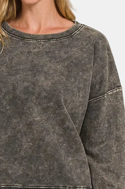French Terry Acid Wash Boat Neck Pullover / ASH BLACK