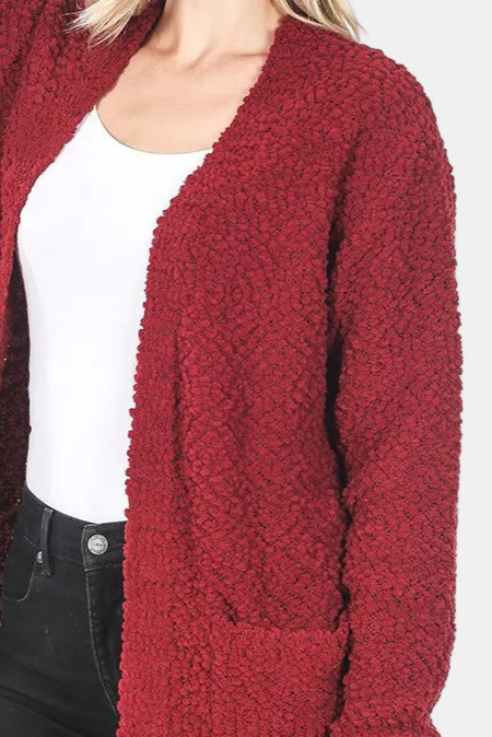 Long Sleeve Popcorn Sweater Cardigan with Pockets / CABERNET