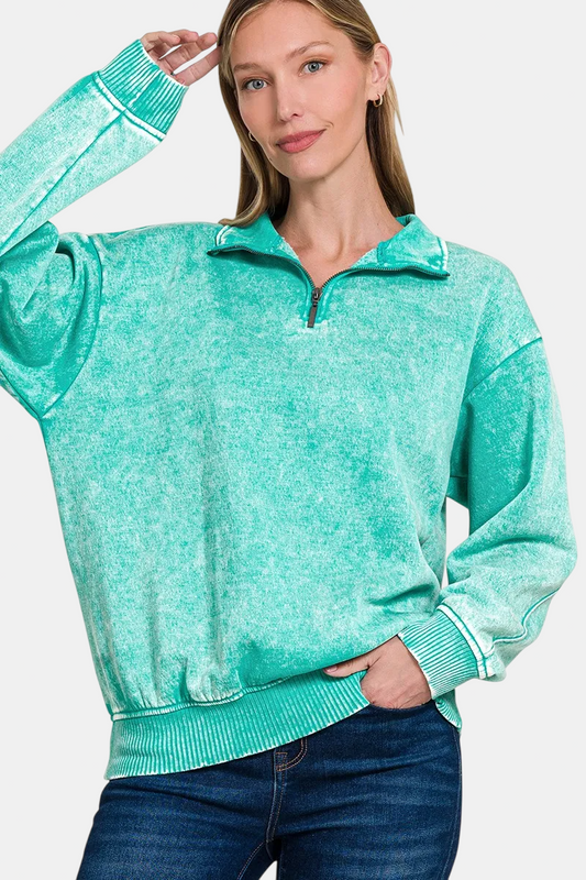 Acid Wash Fleece Half Zip Pullover / TURQUOISE