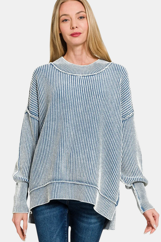 Washed Side Slit Oversized Sweater / DUSTY BLUE