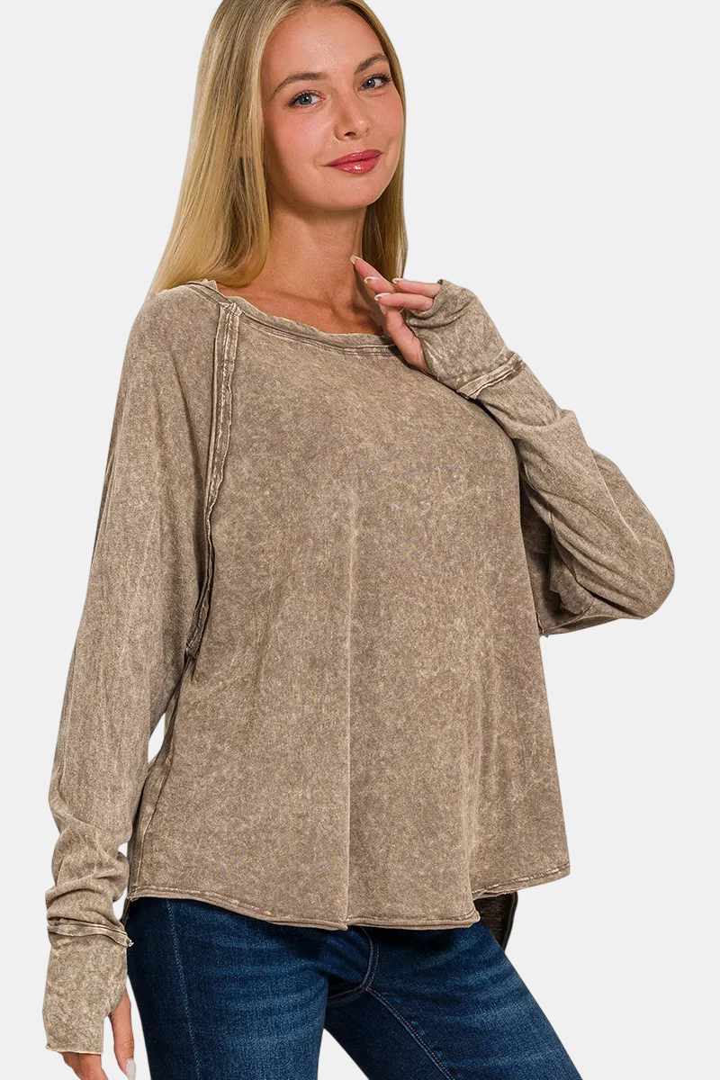 Crinkle Washed Thumb Hole Cuffs Long Sleeve Top / MOCHA